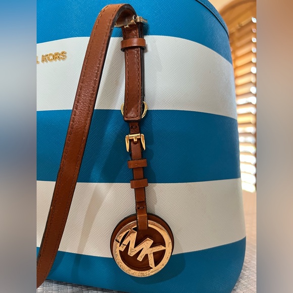 MICHAEL Michael Kors Blue and White Striped Tote with Brown Leather Straps - Picture 6 of 14